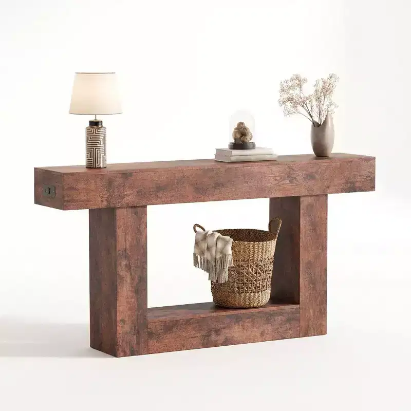 63 in Farmhouse Entryway Table with Storage & Charging Station, 2 Tier Narrow Console Table Behind Couch, Wooden Hallway Furniture for Entrance Foyer