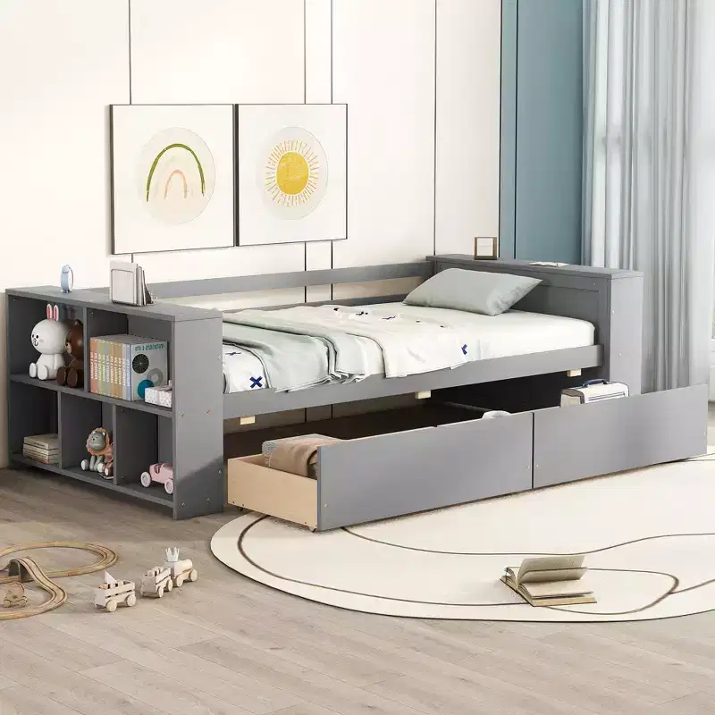 Wood Twin Size Daybed Frame with Storage Drawers, Day Bed Frame Twin with Storage Shelves for Kids Boys Girls