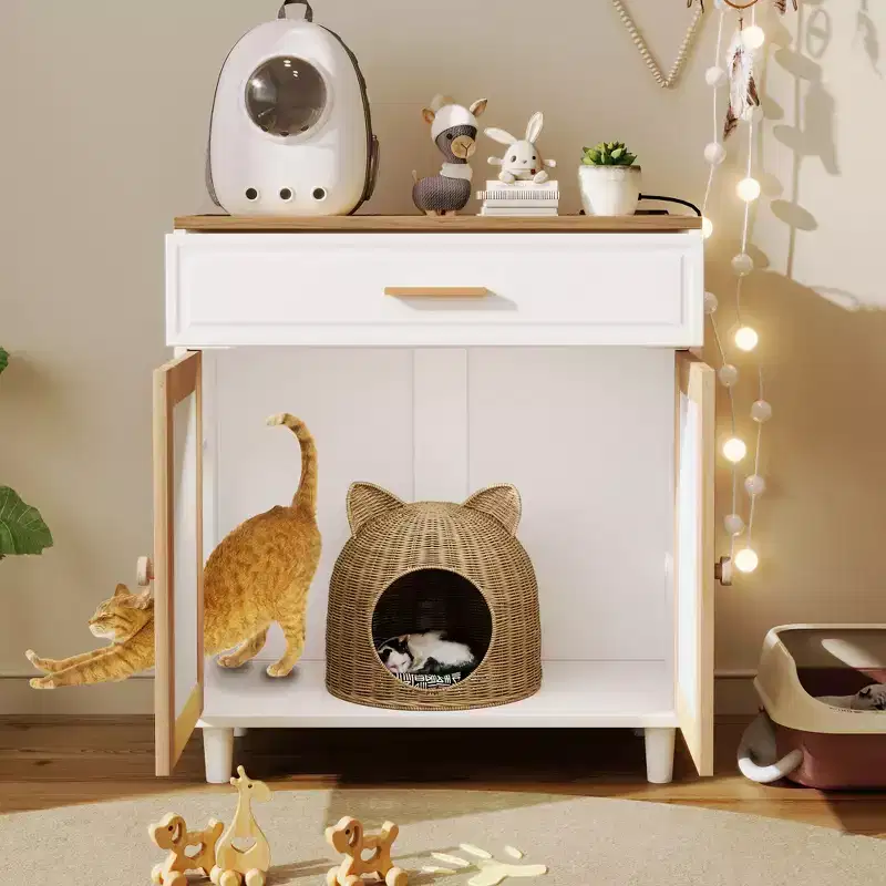 JVNOXK 3 IN 1 Cat furniture, Litter box Enclosure with Cat Scratcher, Cat house Modern Side Table with Storage