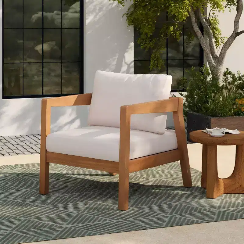 Christopher Knight Home Marine Farmhouse Acacia Wood Upholstered Patio Lounge Chair with Cushion