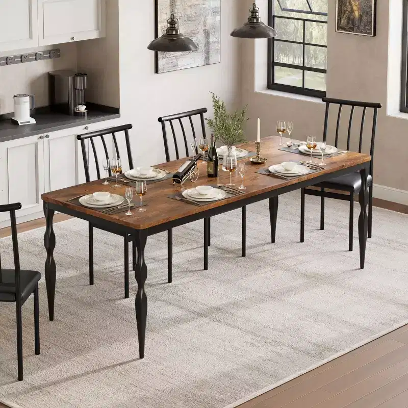 Brown / Grey Rectangular Dining Table with Curved Metal Legs, Seats up to 8