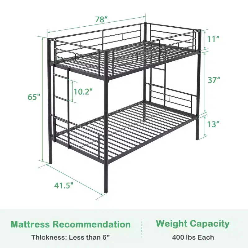 VECELO Metal Bunk Bed Twin Over Twin, Industrial Bunkbeds with Ladder and Full-Length Guardrail