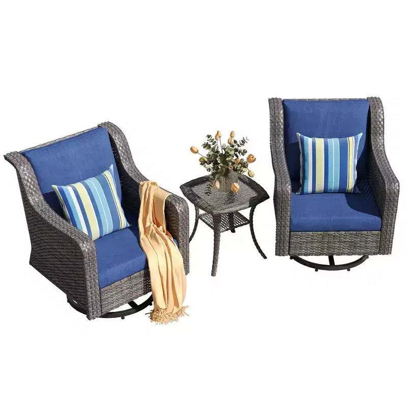 GDFStudio Kingsley Modern 3 Piece Wicker and Iron Outdoor Chat Set with Cushion