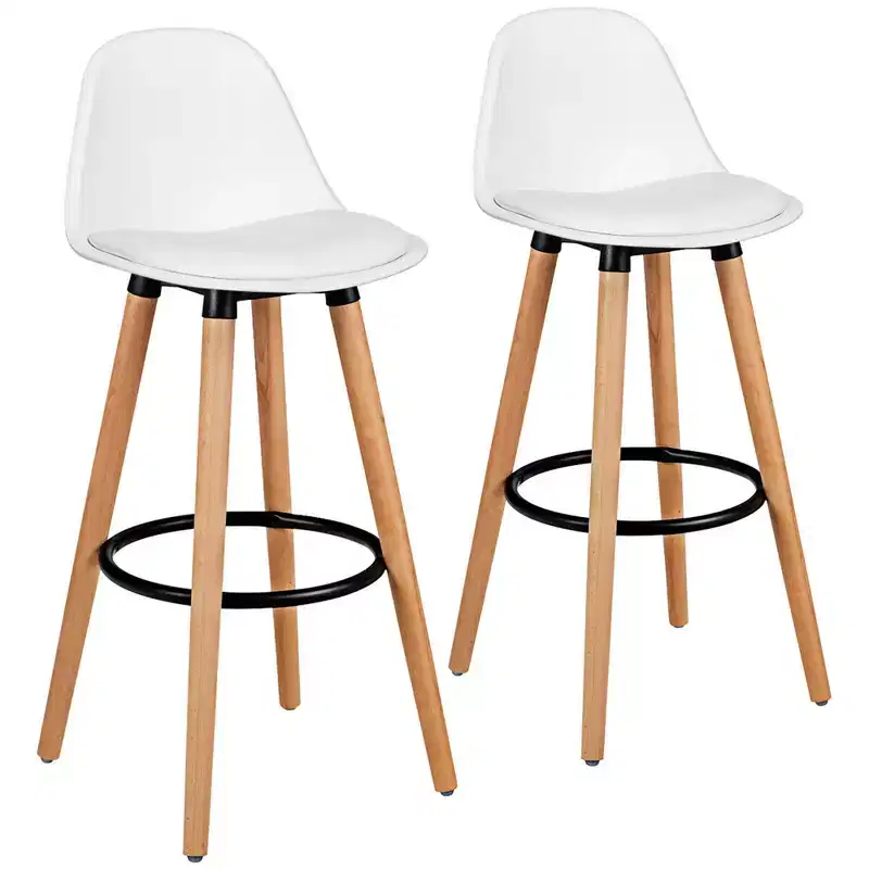 Costway Set of 2 Mid Century Barstool 28.5 Dining Pub Chair w/Leather Padded Seat White
