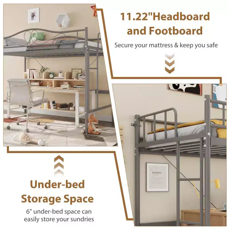 Single loft bed  Heavy-duty metal frame, removable ladder, full-length safety rails, 400 lbs weight capacity, no mattress base required