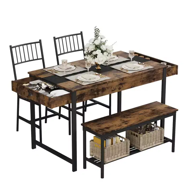 4 Piece Dining Table Set, Rectangular Kitchen Table Set with 2 Chairs & 1 Bench,Double Side Drawers,Perfect for Dining, Room,Kitchen,Restaurant,Yard
