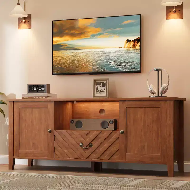 Retro V-shaped TV cabinet with LED lighting suitable for living rooms, bedrooms and entertainment centres. Features two storage doors and one drawer.