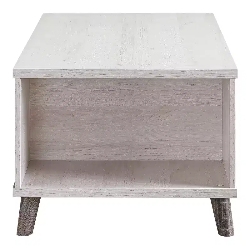 Frelmer 1 Drawer Coffee Table White Oak/Distressed Gray - miBasics: Mid-Century Modern, Flared Legs, Fixed Shelves