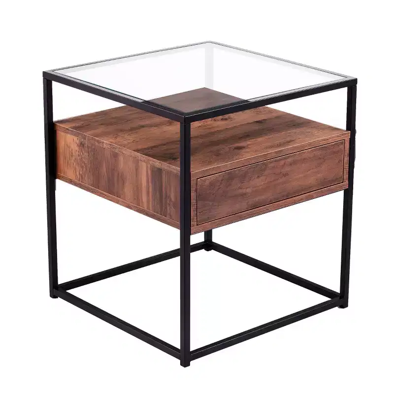 Glass-Top End Table with Storage - Black