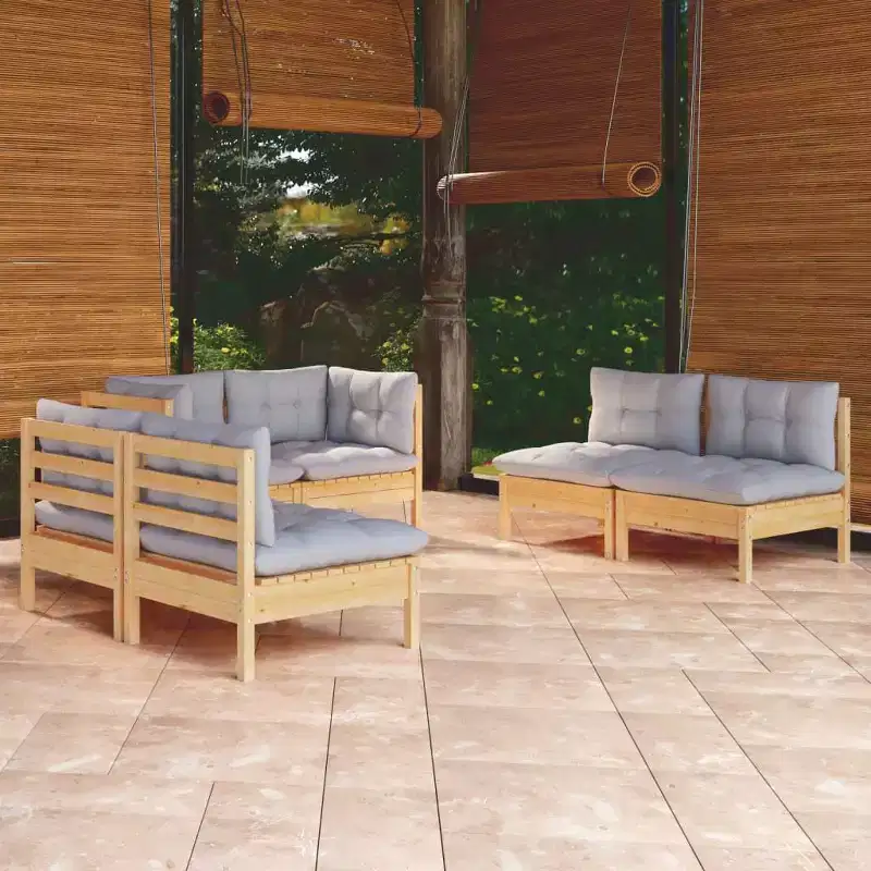 vidaXL Solid Pinewood Patio Lounge Set 6 Piece with Cushions - Brown and Gray