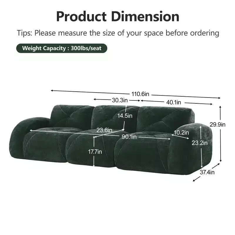 Clihome 110Boneless Sofa With Tufted,Soft Velvet Fabric,Modular Sectional Sofa,32D High Density Sponge,Anti-Slip Design,Ergonomic Design Bottom