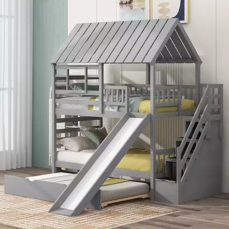 Twin over Twin House Bunk Beds with Slide, Twin Bunk Bed with Storage Stairs and Trundle, Wood Kids Bunk Bed with Roof and Window