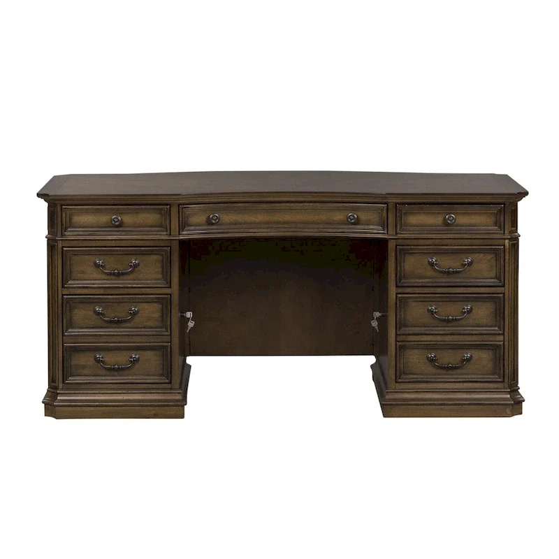 Antique Toffee Traditional Jr. Executive Desk with 7 Drawers and Locking File Drawers – Single Unit