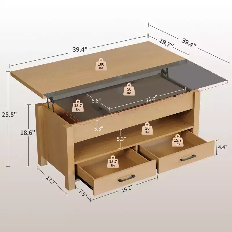 4 in 1 Convertible Lift Top Coffee Table with Storage for Living Room - 40 Storage Coffee Tables with 2 Drawers
