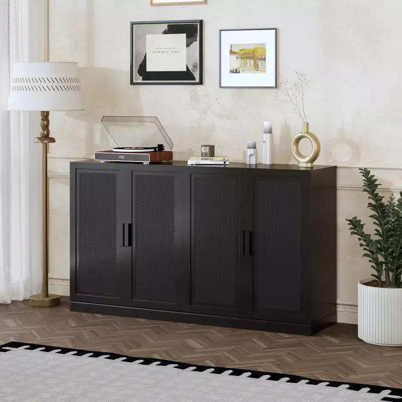 36x31x16 Rattan Wood Accent Cabinet with Adjustable Shelf Storage Cabinet Black