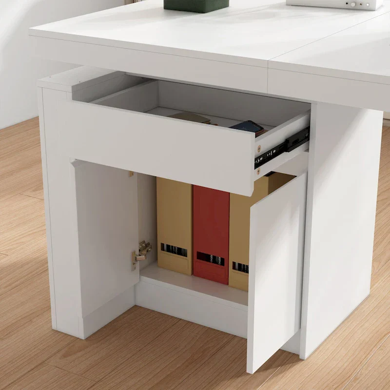 White Height-Adjustable Desk with Side Cabinet, 70.9
