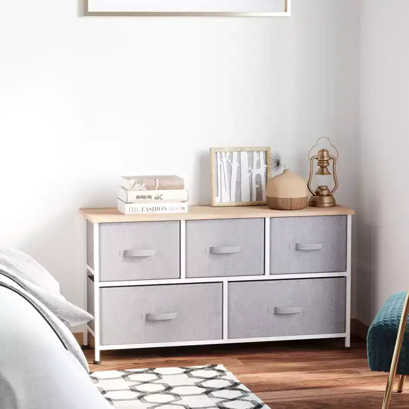 Okak Dresser for Bedroom with 9 Drawers,Storage Chest of Drawers with Easy Pull Fabric Bins,Wood Top Steel Frame for Closet Laundry Entryway