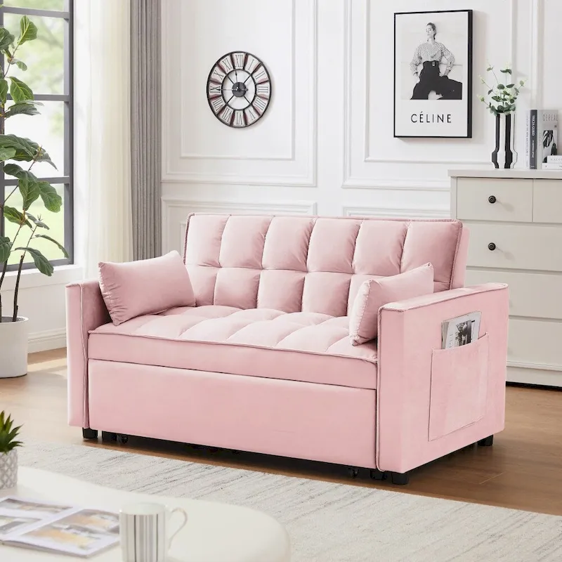 3 in 1 Convertible Velvet Sofa Couch w/Pullout Bed and Reclining Backres