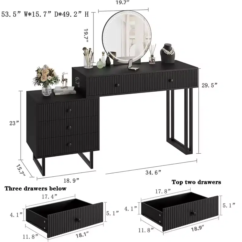 Vanity Desk with Mirror and Lights, Makeup Vanity with 5 Drawers for Bedroom