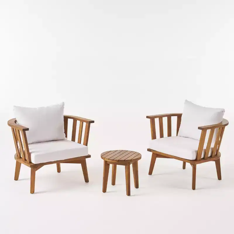 GDFStudio Lorie Outdoor Acacia Wood 3 Piece Club Chair Chat Set with Water Resistant Cushions, Teak/White