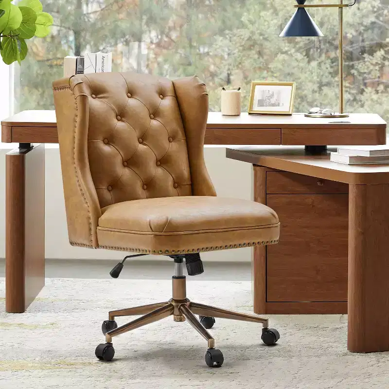 Hazel Traditional Faux Leather Wingback Office Chair — Tufted, Bronze Nailhead, Camel