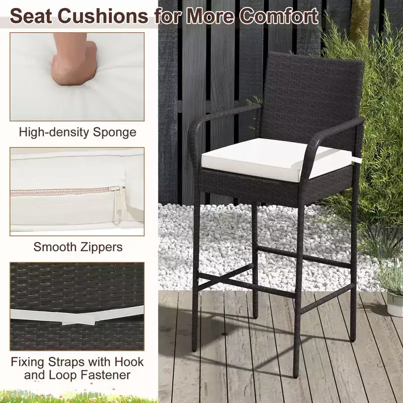 Costway 2PCS Patio PE Wicker Bar Chairs Counter HeightBarstools with Armrests &Cushions