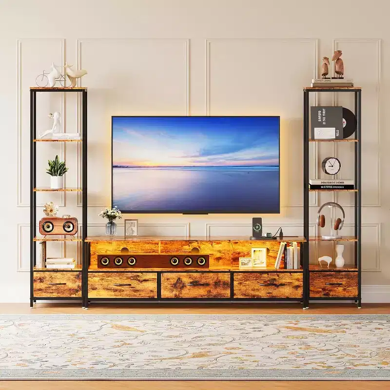 TV Stand for 65 inch TVs with Bookshelves, Entertainment Center with LED Lights & Power Outlets, 5 Fabric Drawers, Industrial TV Console