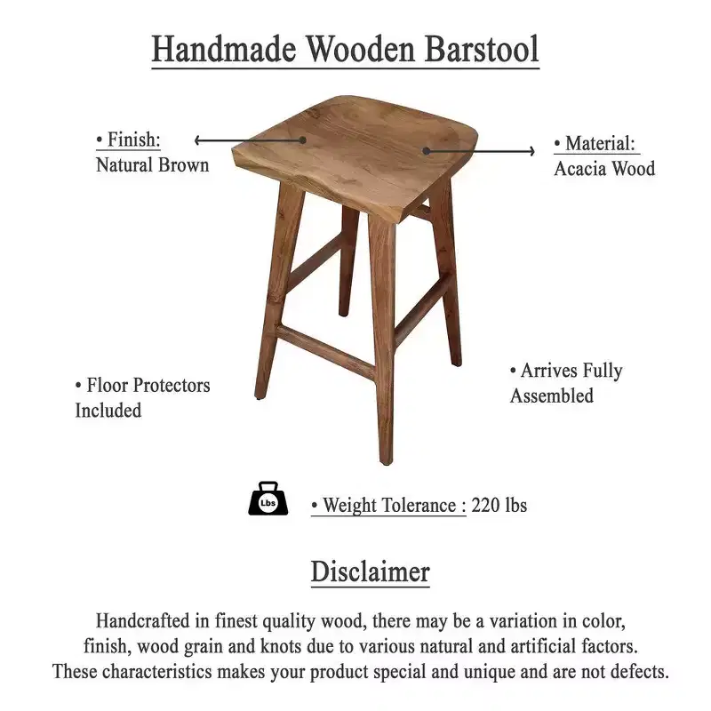 Royal Hampton 29 Inch Backless Barstool, Handcrafted Saddle Seat, Acacia Wood