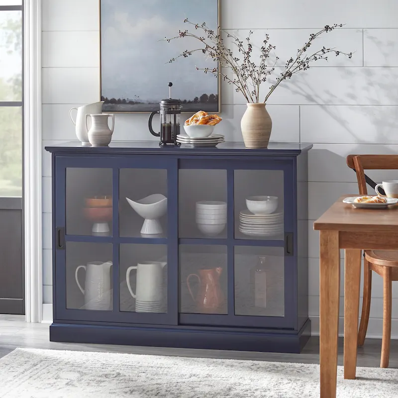 Sliding Tempered Glass Door Display Cabinet – 2 Fixed Shelves, White or Blue