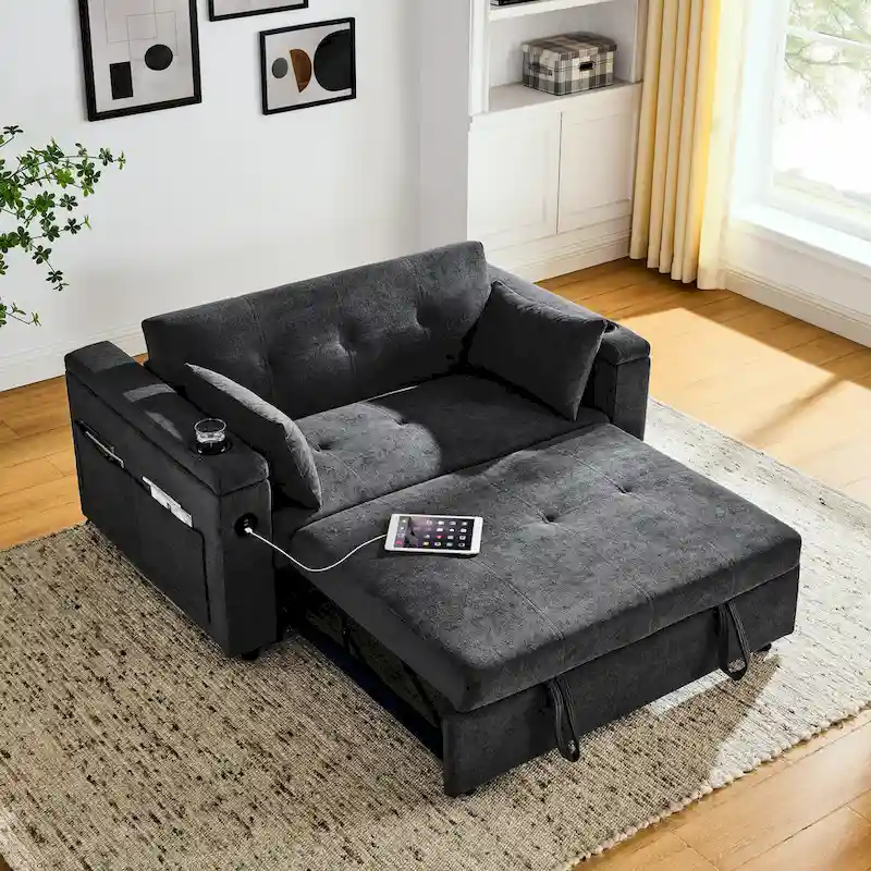 Pull-Out Sleeper Sofa Bed with Storage Armrests and Adjustable Backrest