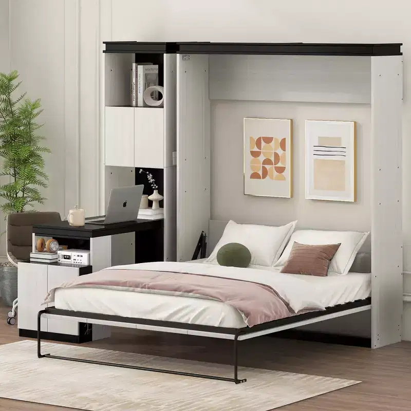 Full Size Wall Murphy Bed with Desk, Storage Shelves and Cabinets, Black and White