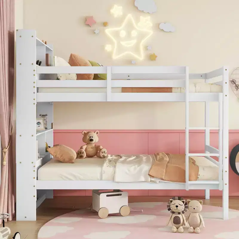MAYEERTY Twin Bunk Bed with Shelves Headboard Sofety Guardrails and Ladder Cinvertible to 2 Beds for Bedroom White