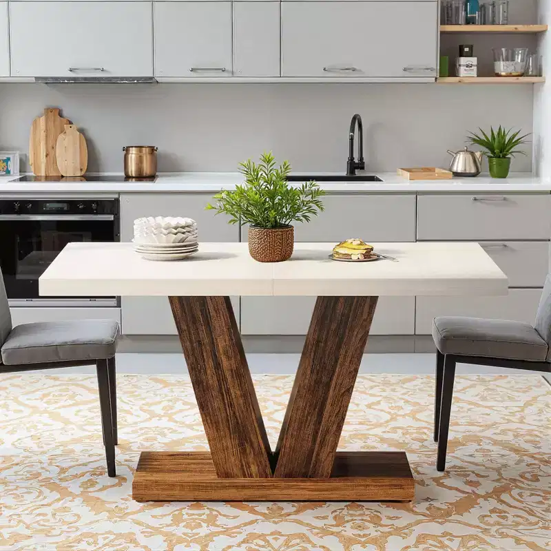 MAYEERTY 47 Inch Farmhouse Dining Table, Wooden Kitchen Dinner Table with Heavy Duty Pedestal Base
