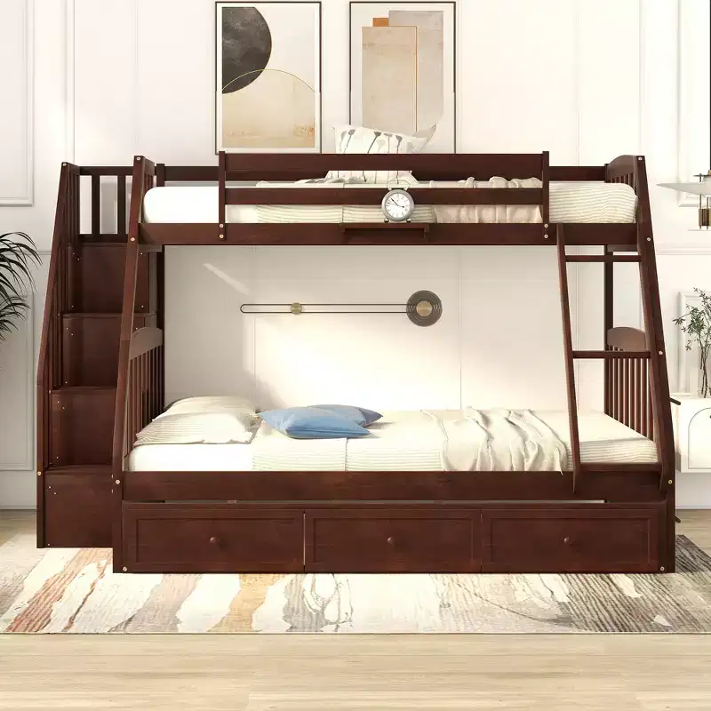 Twin over Full Bunk Bed with Drawers and Storage Staircase, Convertible Solid Wood Detachable Bunk Bed Frame