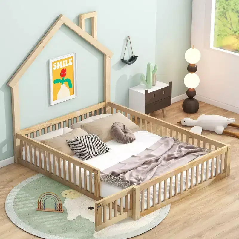 Wood Full Size House Platform Bed with Guardrail for Kids