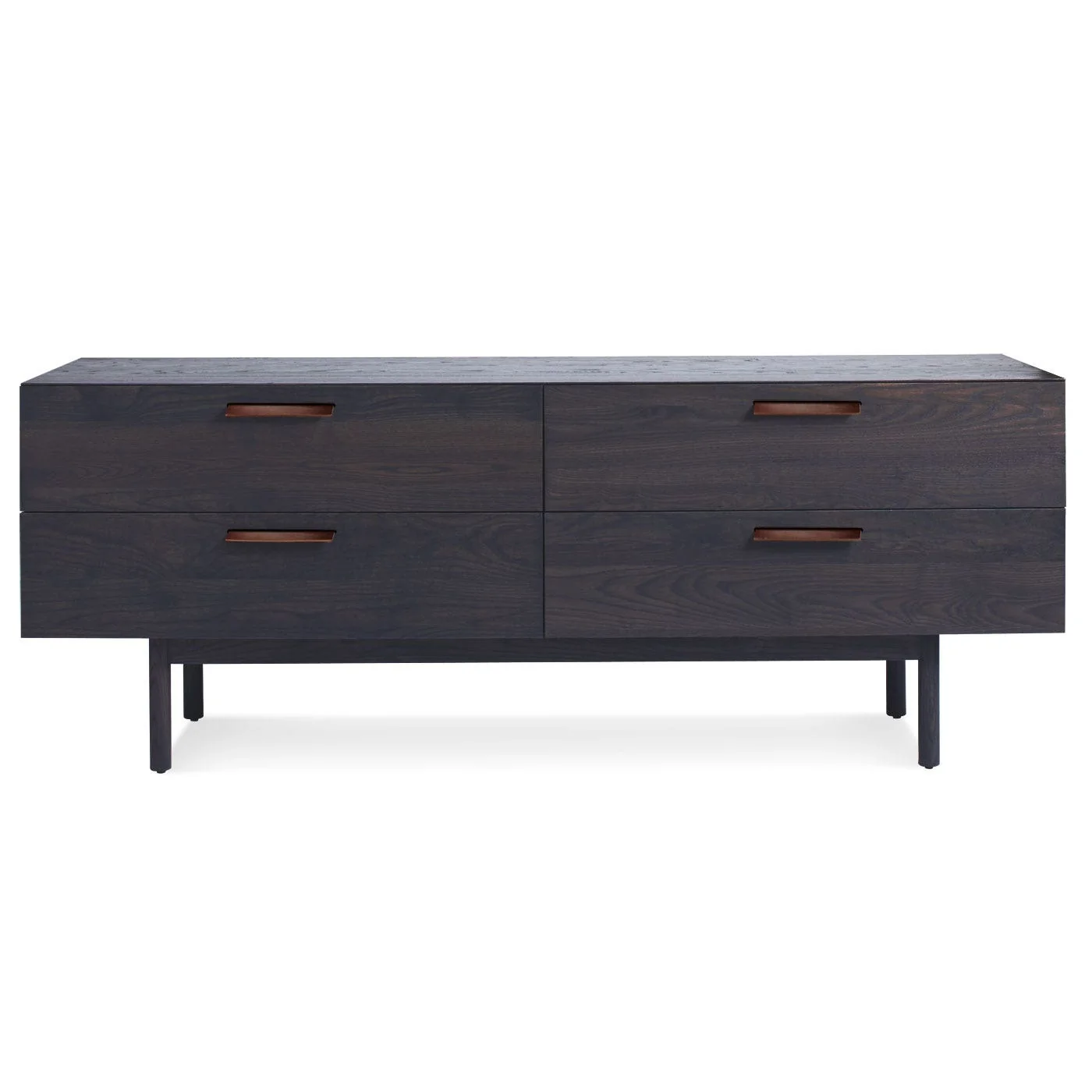 Warm Dark Wood Dresser with Leather Pulls & Steel Base for Living Room