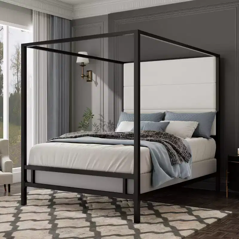 GDFStudio Malan Modern King Size Canopy Bed with Tall Linen Upholstered Headboard