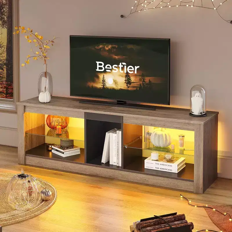 Particle Board TV Stand with Glass Shelves 18.5''H x 55.12''W x 13.78''D
