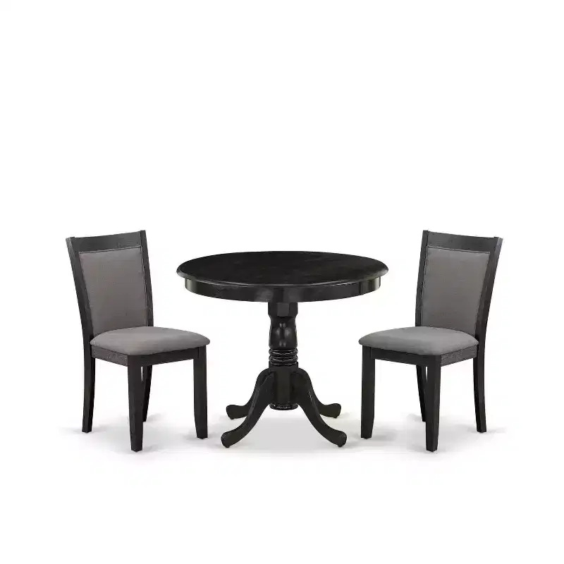 3-Piece Wirebrushed Black Solid Wood Top - Upholstered Dining Room Set - Seats-4