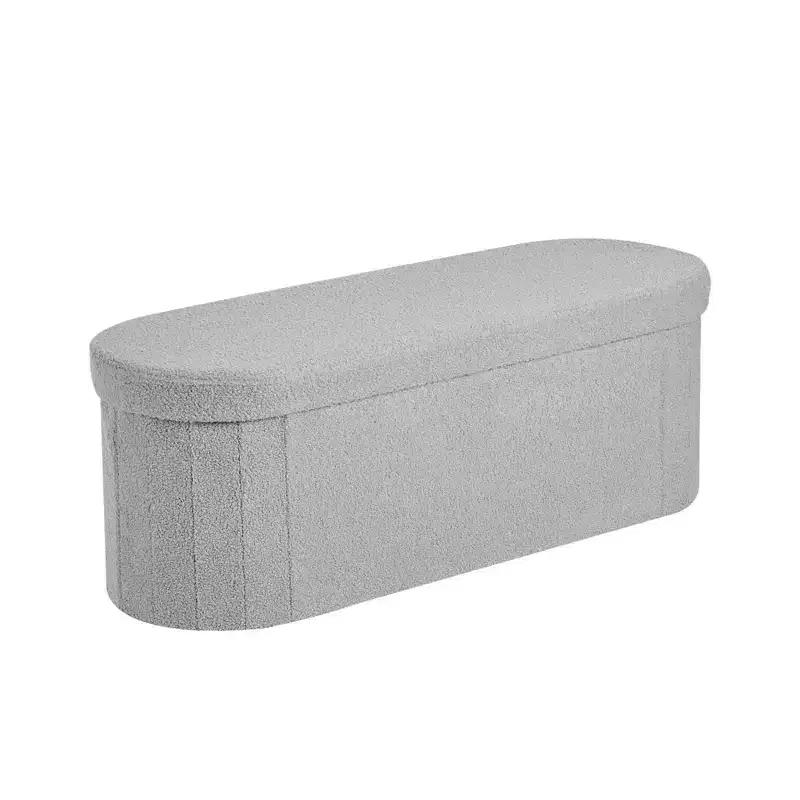 Oval Foldable Storage Ottoman Bench – Gray Teddy Fleece, 660 lb, 3-Compartment, 43