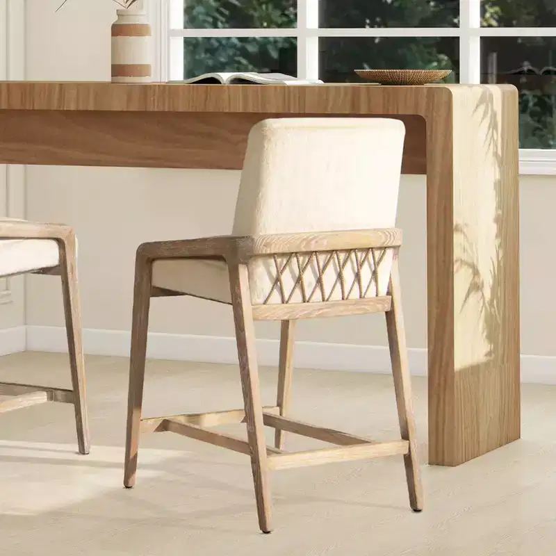 Jennifer Taylor Home Arizona 25.5 Solid Ash Wood Upholstered Counter Stool with Rope Detail, Crme de la Crme White Faux Fur
