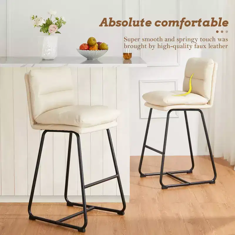 Set of 2 Modern Thick Leatherette Bar Stools with Metal Legs Cream/White - Glitzhome: Upholstered, Sled Base, Footrests