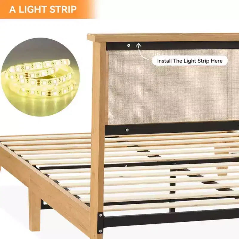 Rattan Bed Frame with Natural Rattan Headboard, Queen Bed Frame with LED Lights, Rattan Queen Bed Frame with Headboard