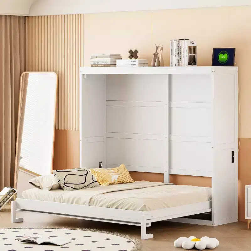 Plywood & MDF Queen Murphy Bed with Rattan Cabinet 68.9''H x 67.3''W