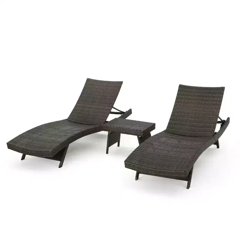 GDFStudio Thelma Outdoor Wicker 3 Piece Chaise Lounge Set, Mixed Mocha