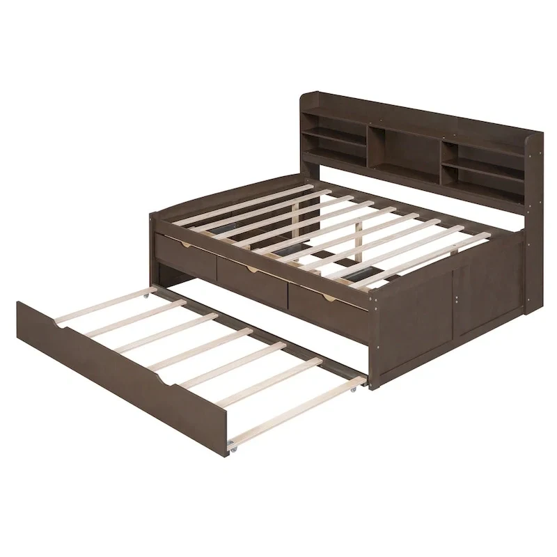 Full Pine Captain Bed with Shelves, Drawers & Trundle