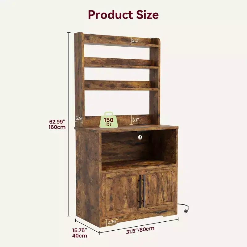 Microwave Stand Bakers Rack Cabinet, Farmhouse Wooden Storage Cabinet with Power Outlet with Thickened Counter