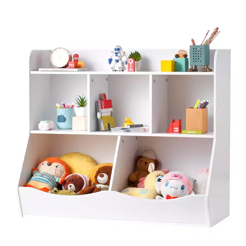 Kids Toy Storage Cubby with Bookshelf, 5-Cubby Wooden Toy Organizer Cabinet for Kids Room, Playroom, Nursery & Kindergarten, White
