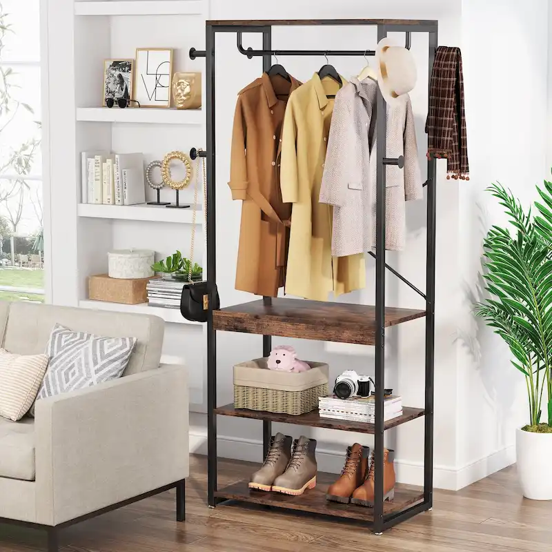 Freestanding Coat Rack with Shelves, 4 Shelves and 8 Hooks
