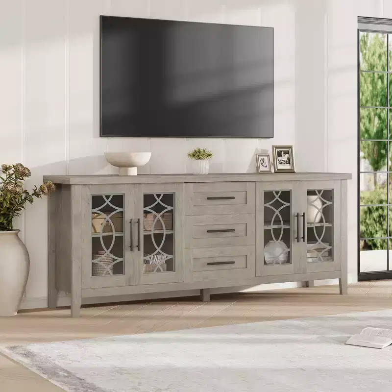 Farmhouse TV Stand with Glass Door for 70 Inch Tv, Mid Century Modern Entertainment Center